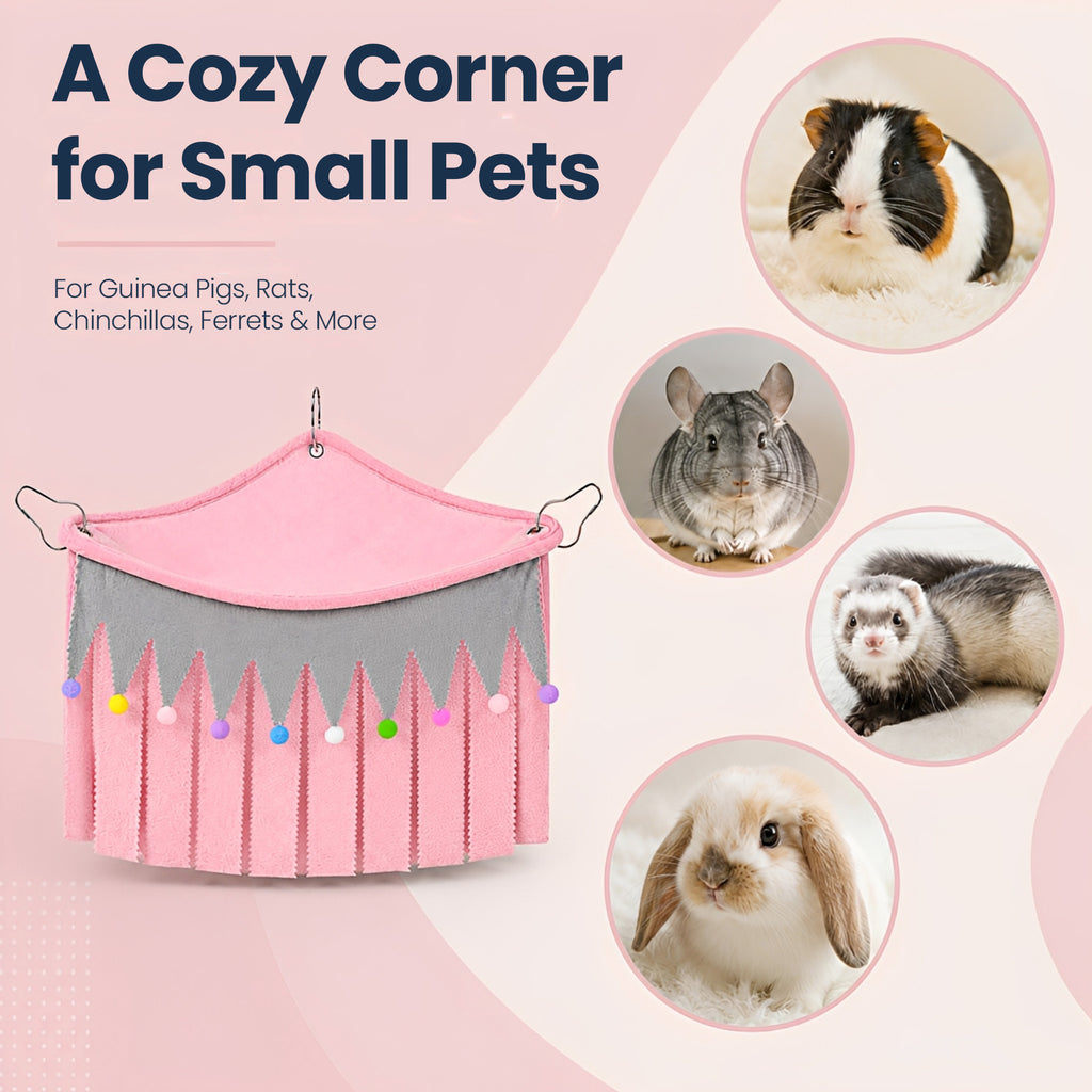 Corner Fleece Hideout Hammock for Small Animals, Cozy Hanging Cage Bed with Tassel Curtain, Soft Habitat Shelter with 3 Metal Hooks for Guinea Pigs, Rabbits, Ferrets, Chinchillas, Rats