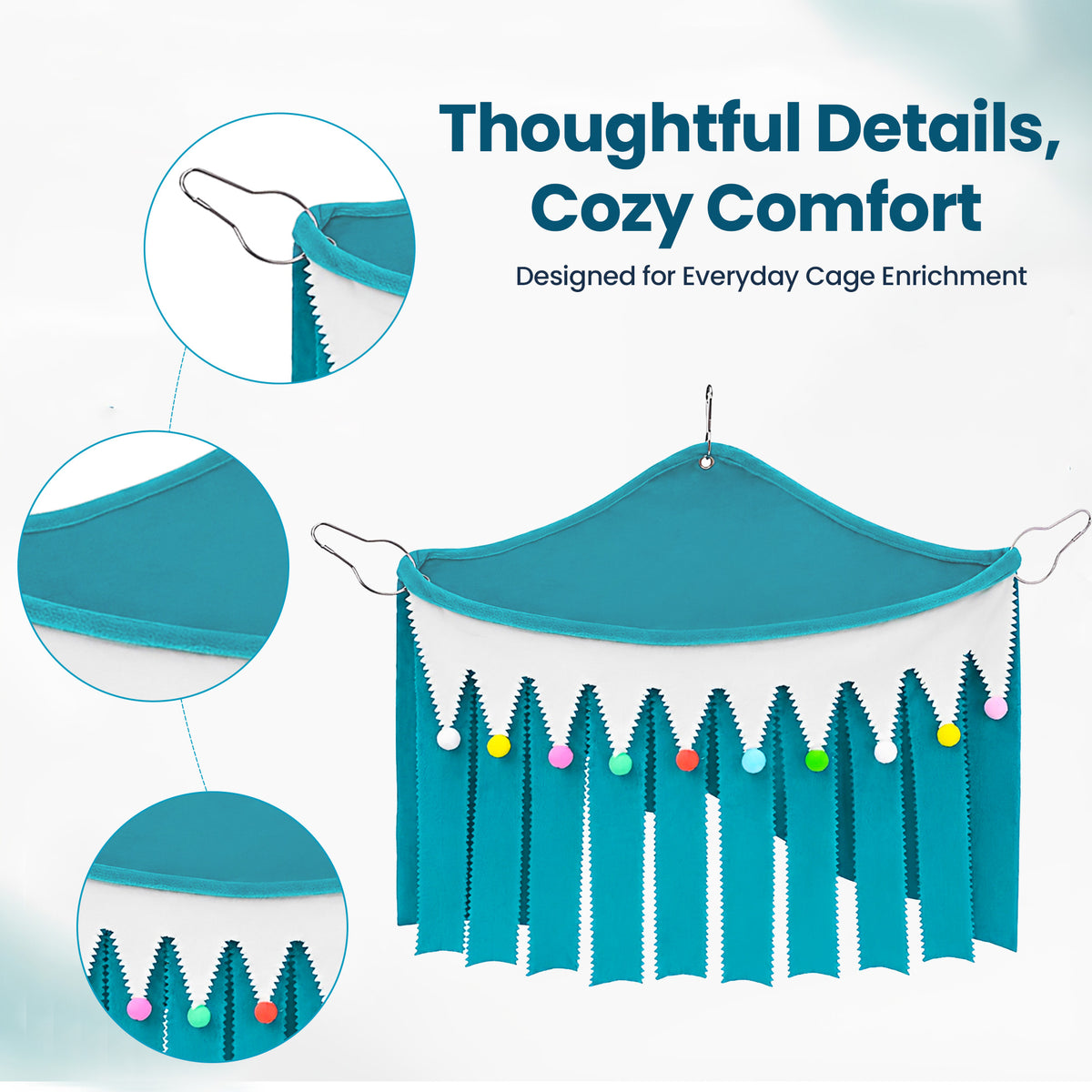 Corner Fleece Hideout Hammock for Small Animals, Cozy Hanging Cage Bed with Tassel Curtain, Soft Habitat Shelter with 3 Metal Hooks for Guinea Pigs, Rabbits, Rats, Ferrets, Chinchillas