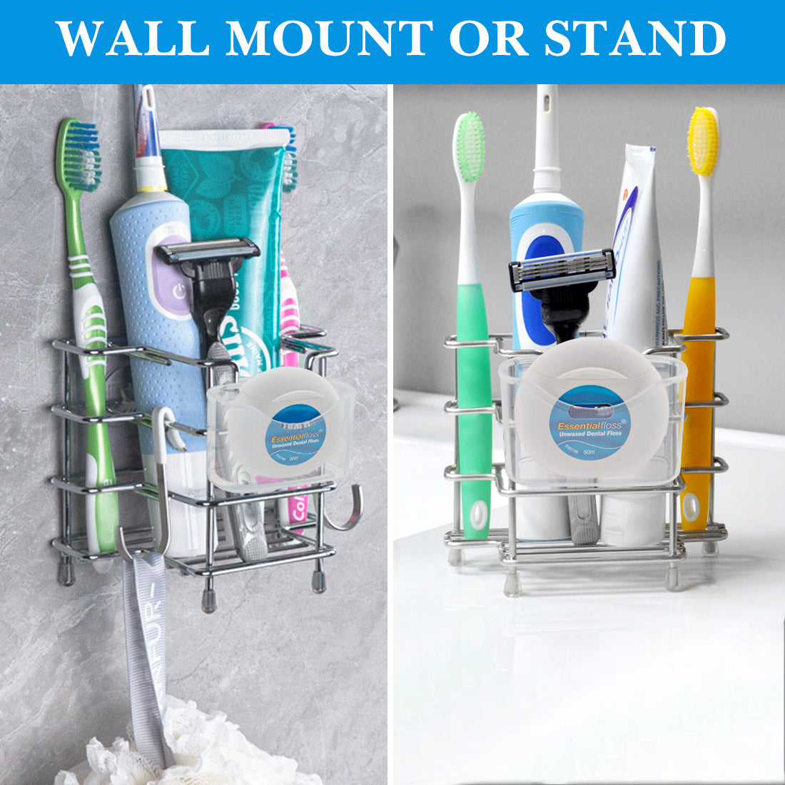 Linkidea Self Adhesive Toothbrush Holder for Shower, Stainless Steel Toothpaste Organizer, 3 Slots Wall Mount/Countertop Stand Compatible with Colgate Extra Clean, Oral-B CrossAction