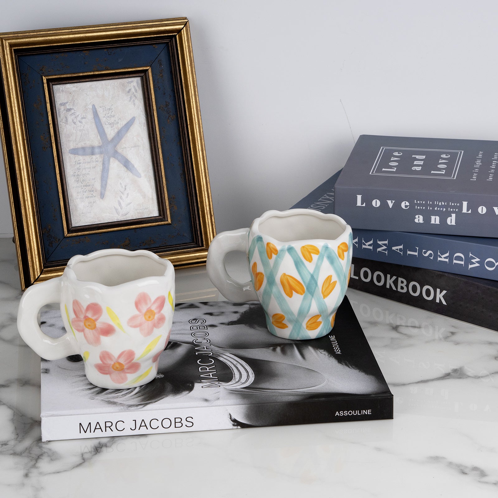 Linkidea Ceramic Coffee Mug, 12oz/350ml Hand-Painted Irregular Coffee Cup, Novelty Teacups with Handles for Beer, Latte, Hot Cocoa, Microwave and Dishwasher Safe (Pink Flower)