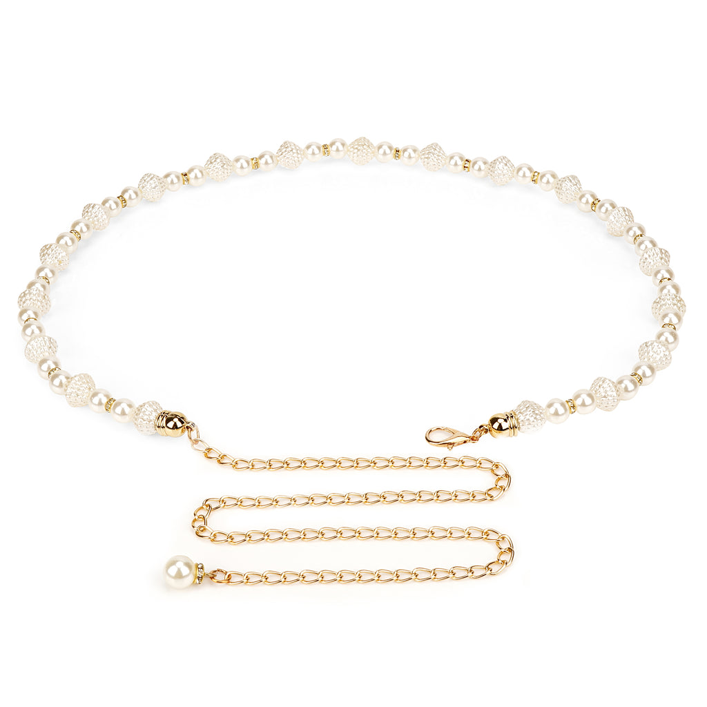 Chain Belt for Women, Gold and White Faux Pearl Waistbands, 31.5-43 Inch Adjustable Body Decorate for Dresses, Party, Casual Wear, Fashion Jewelry Accessory