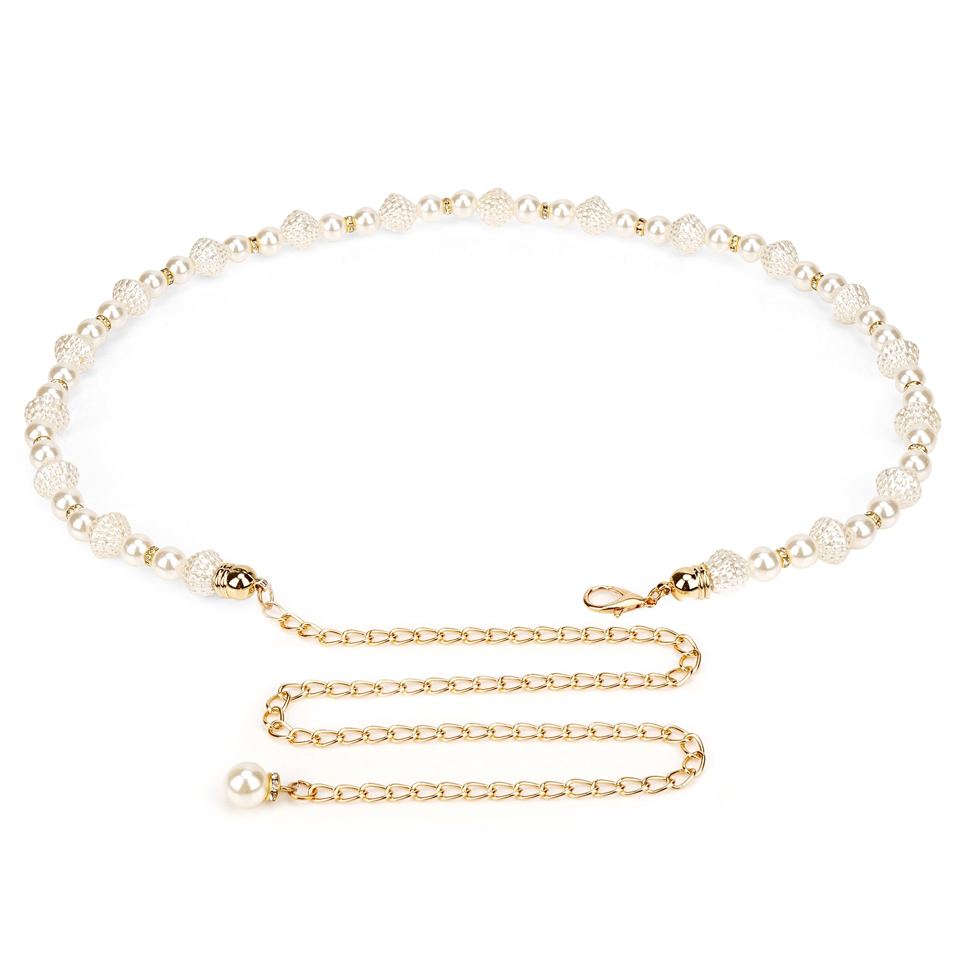Chain Belt for Women, Gold and White Faux Pearl Waistbands, 31.5-43 Inch Adjustable Body Decorate for Dresses, Party, Casual Wear, Fashion Jewelry Accessory