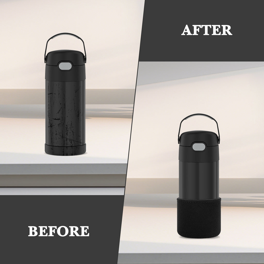 Linkidea 2 Pack Neoprene Water Bottle Boot Compatible with Thermos FUNTAINER Steel/Tritan 12oz/16oz, Ion8 Sport 12oz, JARLSON, Universal 2.3" - 2.7" Bottle Bottom Bumper Protector (Black)