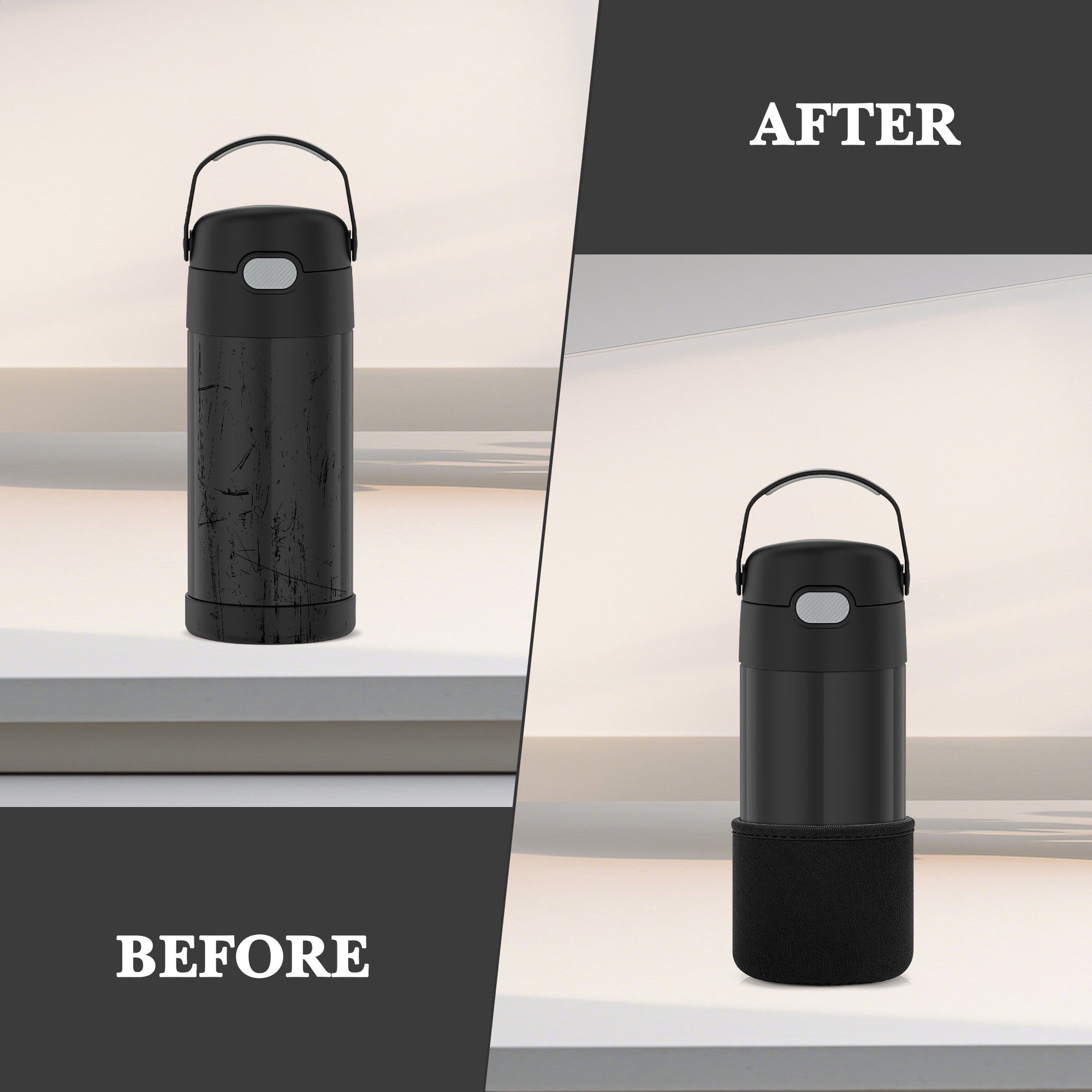 Linkidea 2 Pack Neoprene Water Bottle Boot Compatible with Thermos FUNTAINER Steel/Tritan 12oz/16oz, Ion8 Sport 12oz, JARLSON, Universal 2.3" - 2.7" Bottle Bottom Bumper Protector (Black)
