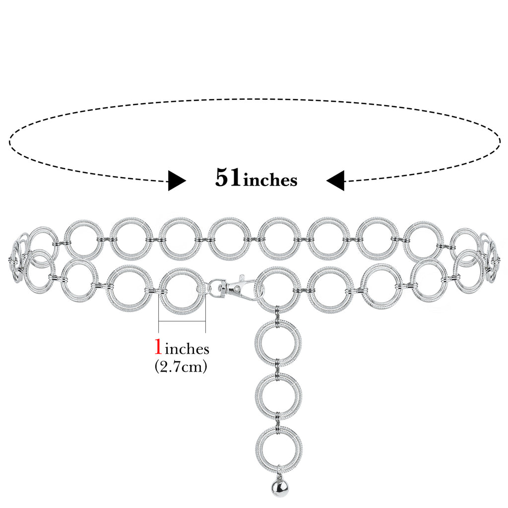 Plus Size Chain Belt for Women, Metal Chain Belt Women Belly Waist Chains, Extra Long Body Chain, 51 Inch Adjustable Chunky Belt Chain (Threaded Ring, Silver)