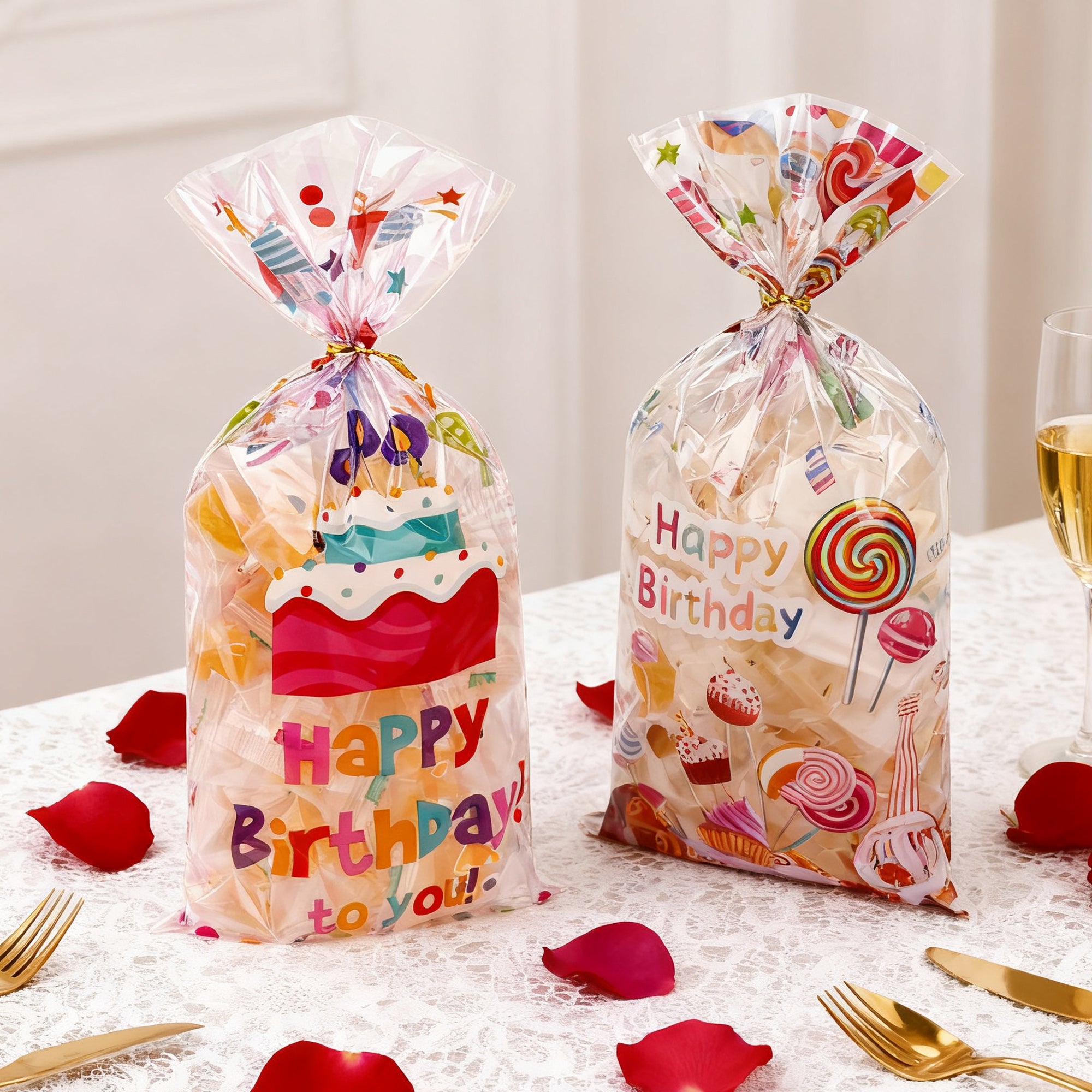 Linkidea 100 Pcs Birthday Treat Bags with 120 Gold Twist Ties, Clear Plastic Goodie Bags for Candy, Cookies, Party Favors, Birthday Supplies