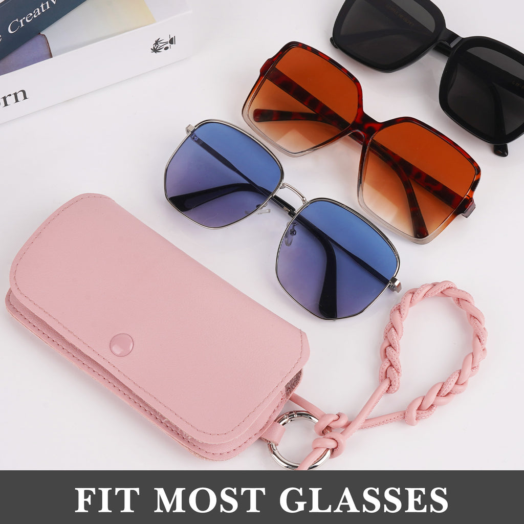 Extra Large Sunglasses Pouch Case with Carrying Strap, Vegan Leather Pink Eyeglasses Organizer Soft Bag Compatible with Rayban RB2132 RB4416 RB2241 RB3548 RB2398F RB4246