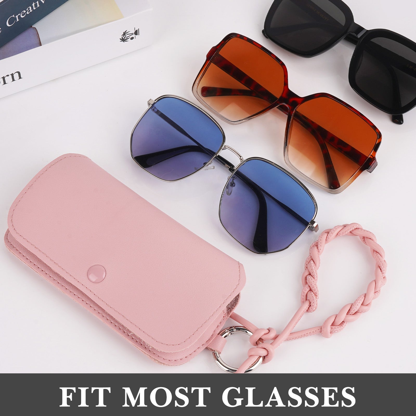 Extra Large Sunglasses Pouch Case with Carrying Strap, Vegan Leather Pink Eyeglasses Organizer Soft Bag Compatible with Rayban RB2132 RB4416 RB2241 RB3548 RB2398F RB4246