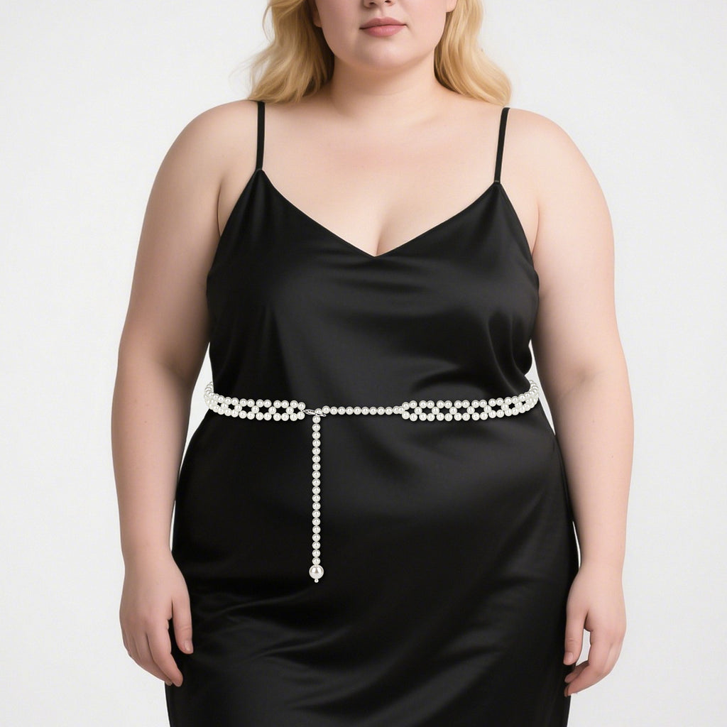 Plus Size Chain Belt for Women, White Pearl Fashion Belly Waist Chains, Stretchable Extra Long Body Chain, 59 Inch Adjustable Chunky Body Accessory (XXL, White)