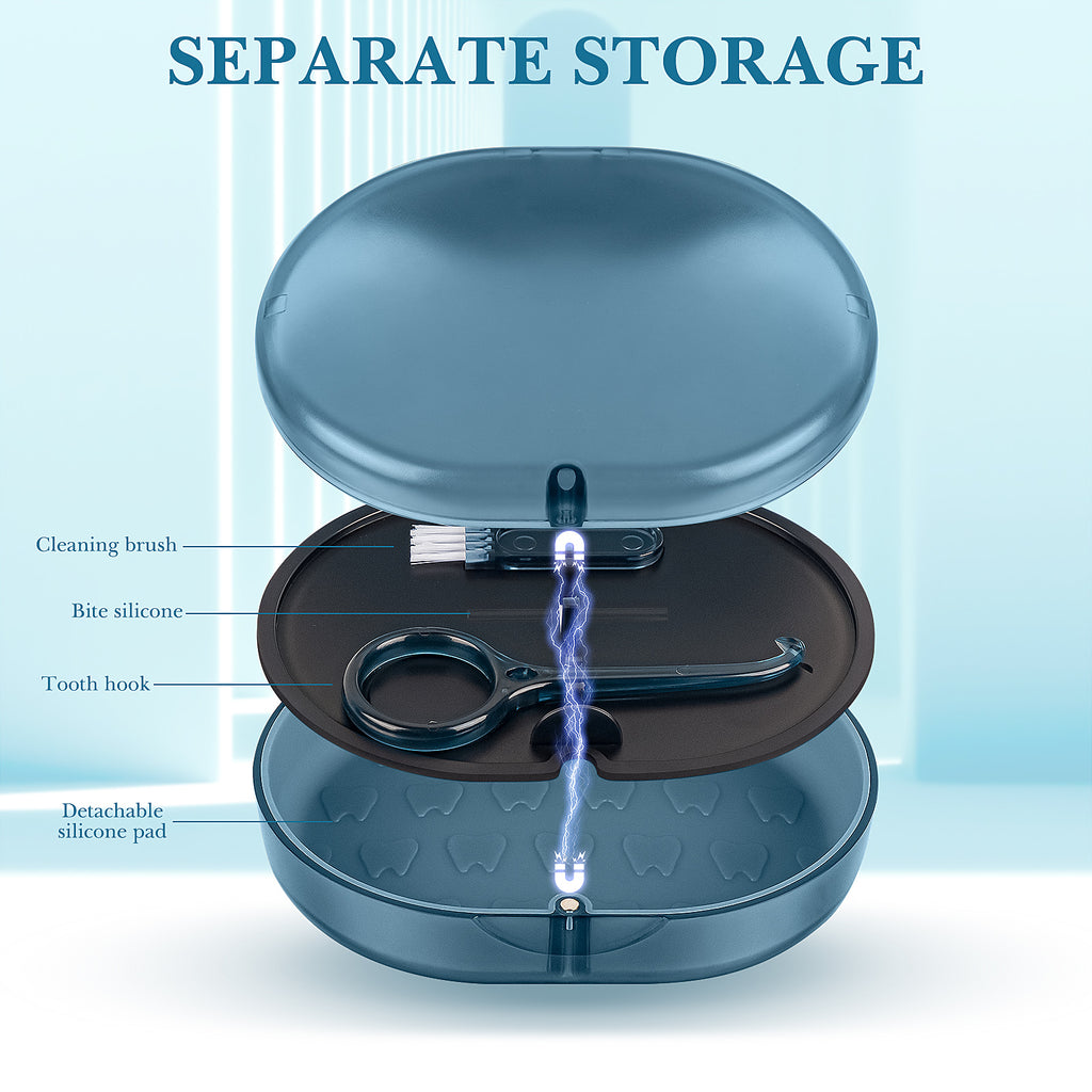 Linkidea Double-layer Storage Case with Mirror for Retainer, Portable Aligner Container Box with Removal Tool, Brush, Child Mouth Guard Denture Holder with Magnetic Closure (Blue)