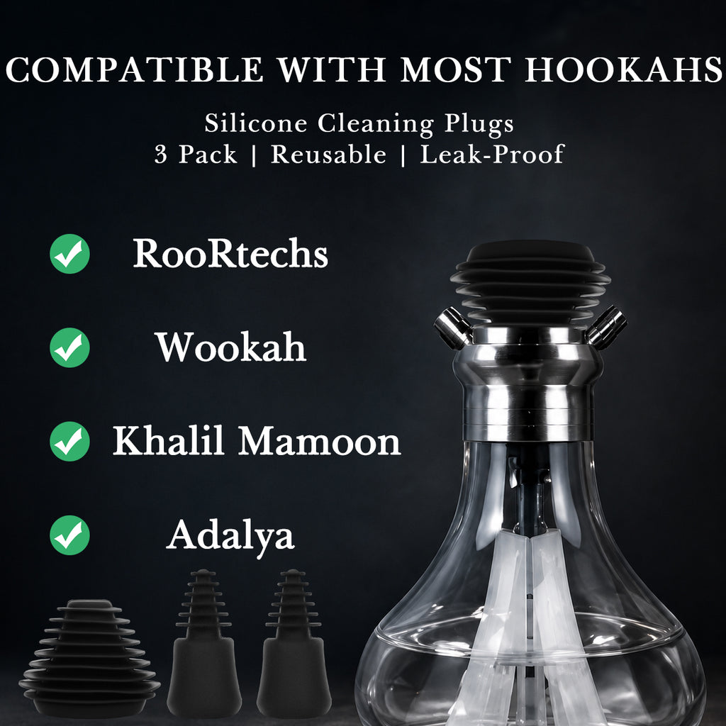 Linkidea 3 Pack Silicone Cleaning Plugs, Reusable Leak-Proof Seal Stoppers for Hookah Bottle & Tube Washing, Compatible with RooRtechs / Wookah (Black)
