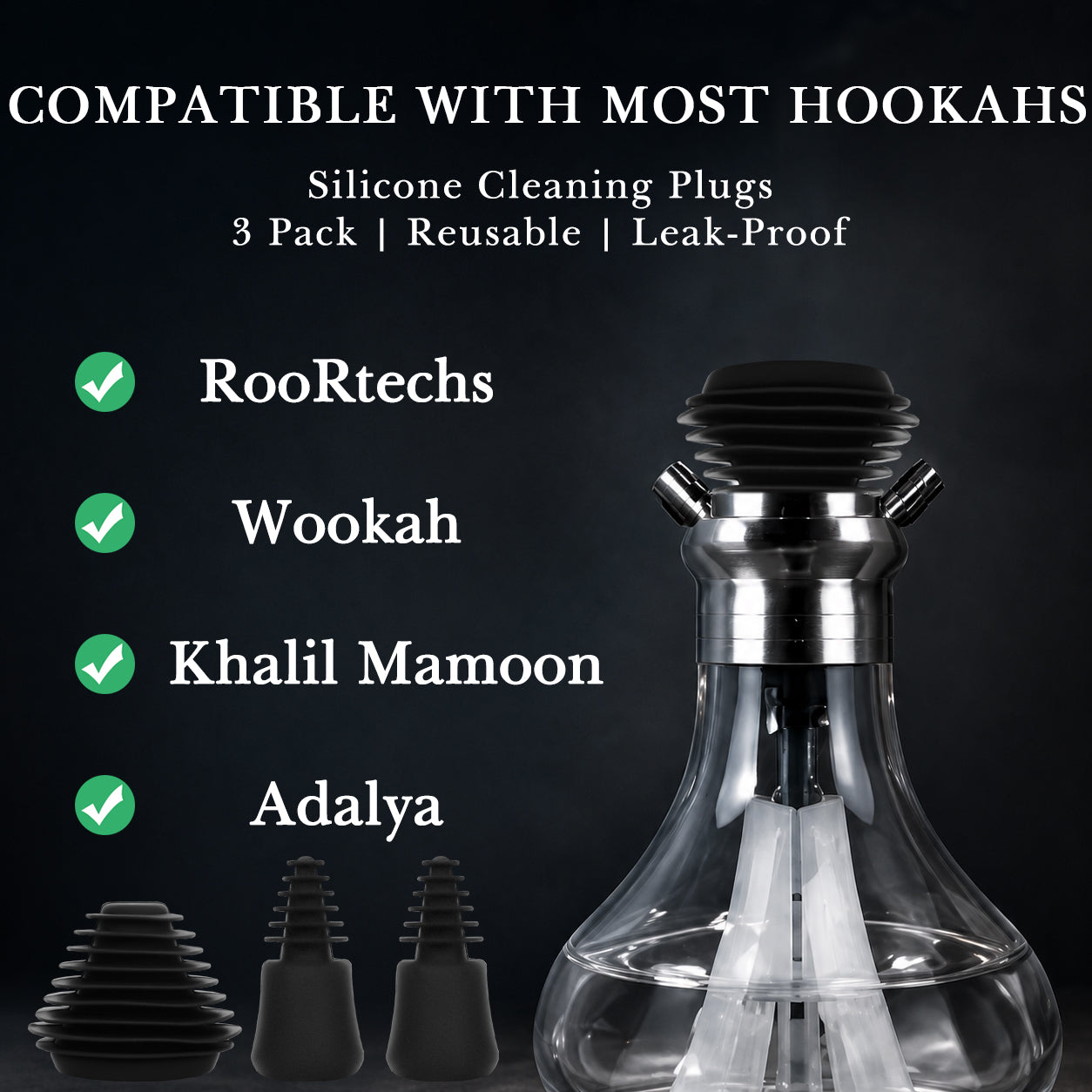 Linkidea 3 Pack Silicone Cleaning Plugs, Reusable Leak-Proof Seal Stoppers for Hookah Bottle & Tube Washing, Compatible with RooRtechs / Wookah (Black)