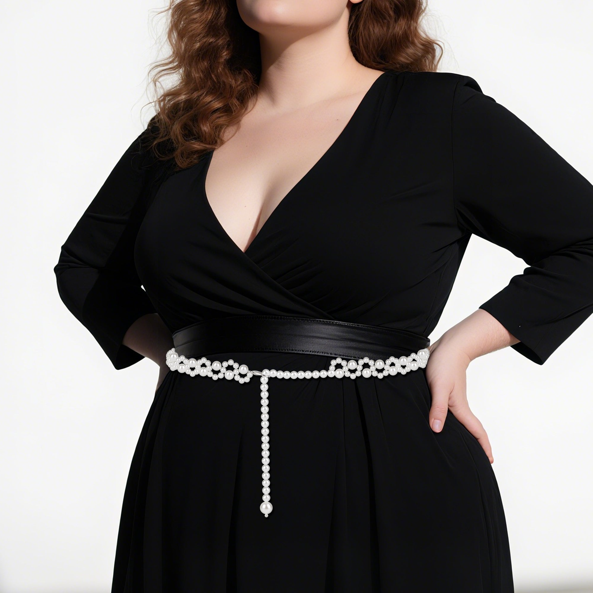 Plus Size Chain Belt for Women, White Pearl Stretchable Extra Long Body Chain, 51 Inch Max Flexible Adjustment Fashion Jewelry Accessory