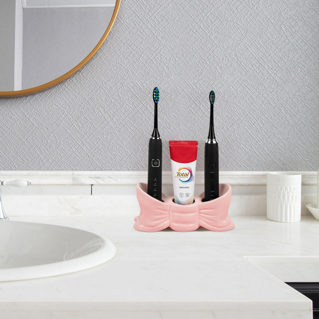 Linkidea Countertop Electric Toothbrush Holder for Bathroom, Bowtie Ceramic Vanity Organizer Stand Compatible with Oral-B iO Series, Philips Sonicare ProtectiveClean (Pink)
