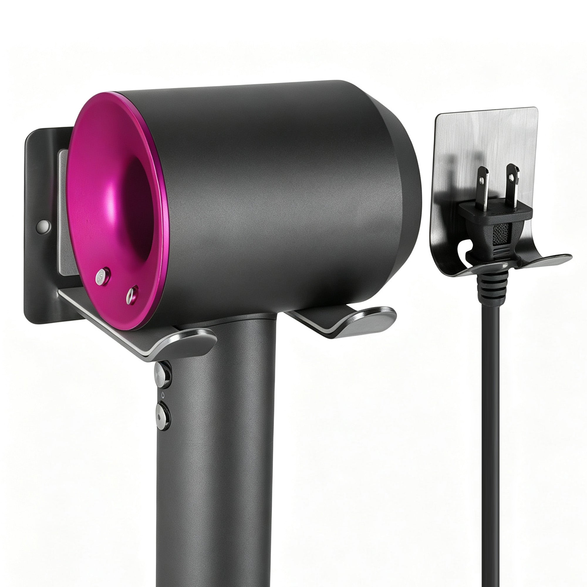 Linkidea Wall Mounted Hair Dryer Holder with Hooks, Screw or Self-Adhesive Organizer Stand, Compatible with Dyson Origin & Nural Series Hair Dryers (Silver)