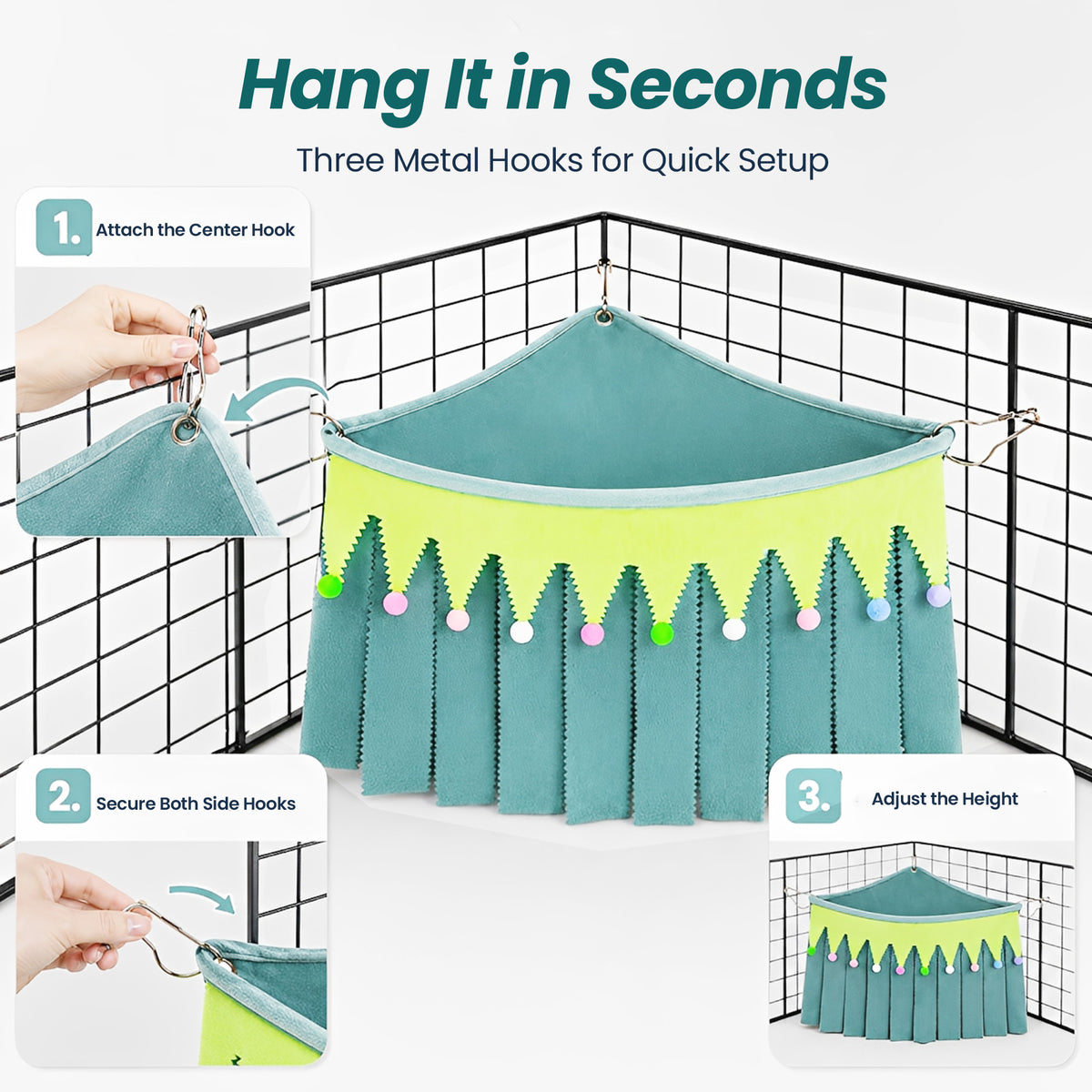 Corner Fleece Hideout Hammock for Small Animals, Cozy Hanging Cage Bed with Tassel Curtain, Soft Habitat Shelter with 3 Metal Hooks for Guinea Pigs, Rabbits, Rats, Ferrets, Chinchillas