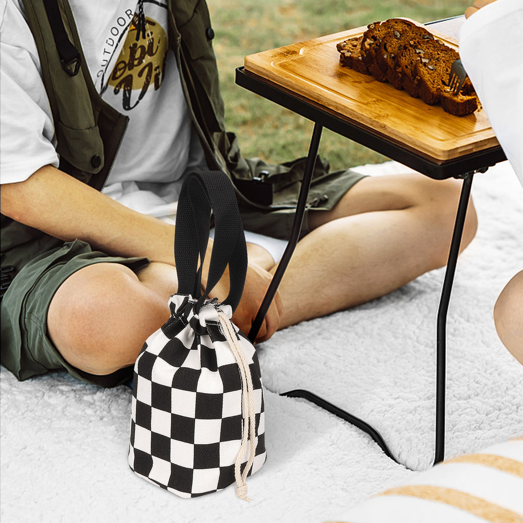Linkidea Insulated Food Jar Storage Bag, Portable Drawstring Wrap with Hand Strap, Lunch Box Carrier for Food Can, Compatible with Thermos, Hydrapeak, Hydro Flask, Stanley (Black & White)