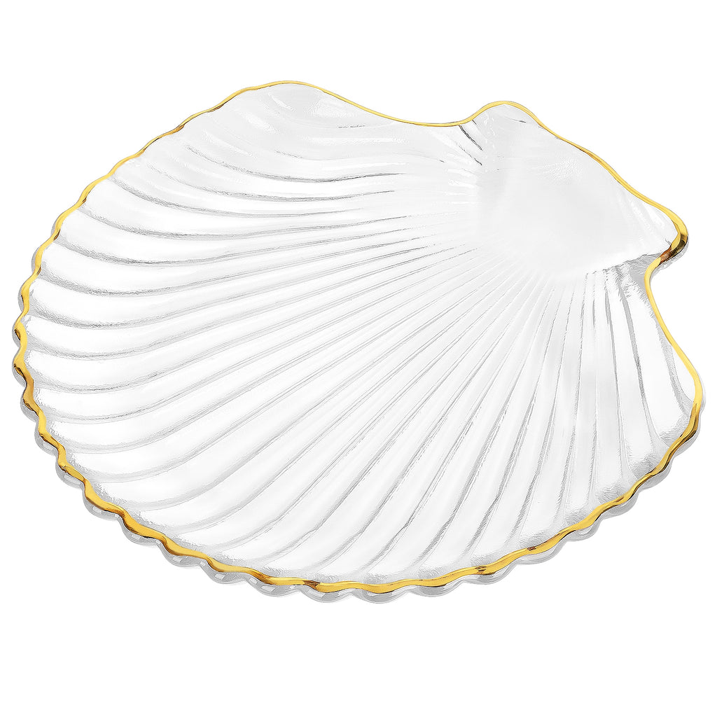 Linkidea Clear Glass Soap Dish Tray with Gold Trim, Elegant Sea Shell Design for Bathroom Decor, Cleanser Holder for Vanity, Countertop, Sink