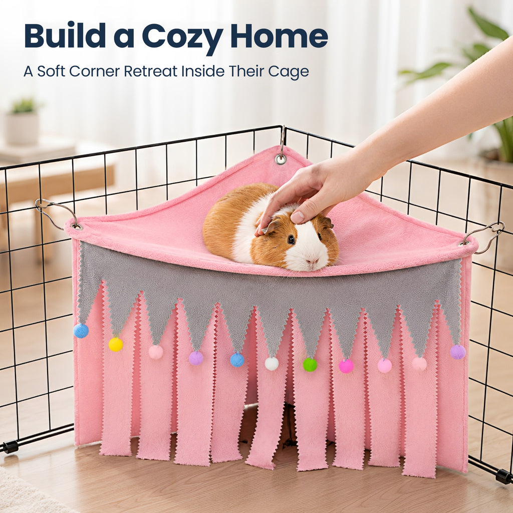 Corner Fleece Hideout Hammock for Small Animals, Cozy Hanging Cage Bed with Tassel Curtain, Soft Habitat Shelter with 3 Metal Hooks for Guinea Pigs, Rabbits, Ferrets, Chinchillas, Rats
