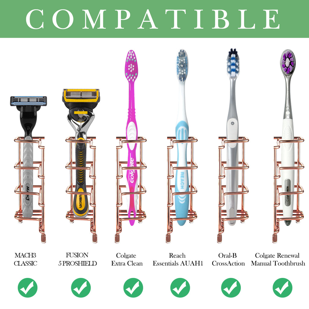 Linkidea Wall Mount/Countertop Toothbrush Holder for Shower, Stainless Steel Toothpaste Stand, 3 Slots Organizer Compatible with Colgate Extra Clean, Oral-B CrossAction (Rose Gold)