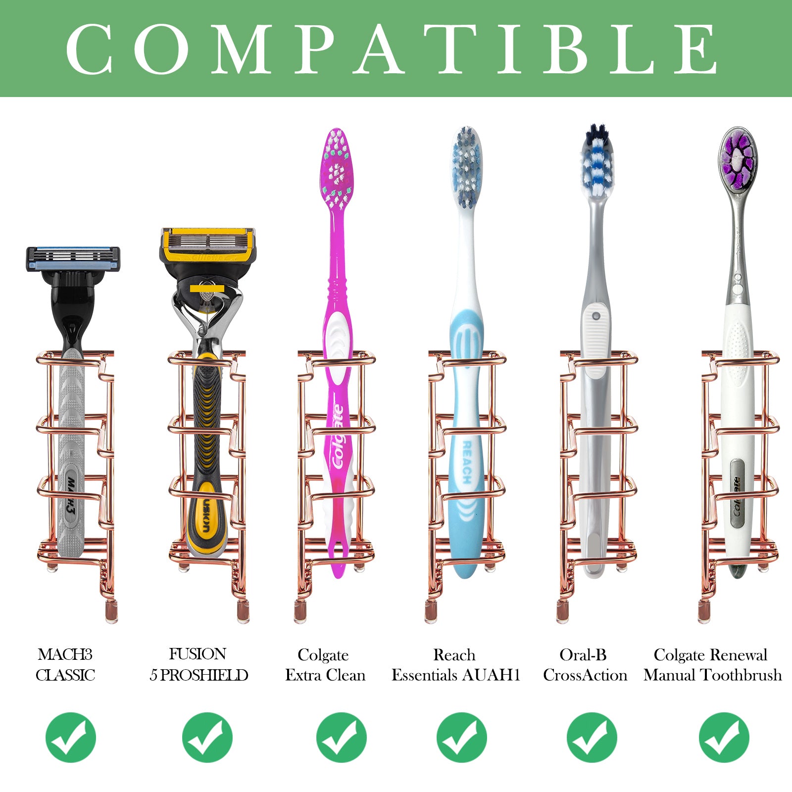 Linkidea Wall Mount/Countertop Toothbrush Holder for Shower, Stainless Steel Toothpaste Stand, 3 Slots Organizer Compatible with Colgate Extra Clean, Oral-B CrossAction (Rose Gold)
