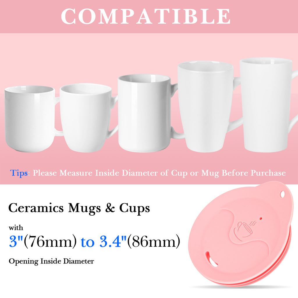 Linkidea 2 Pack Silicone Coffee Mug Lid for 3"(76mm) to 3.4"(86mm) Inside Diameter Mugs, Splash Resistant Replacement Mug Lid for Home, Office, Travel, Dishwasher-Safe (Pink)