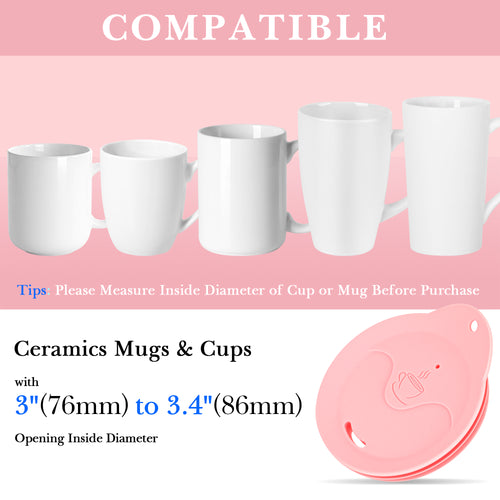 Linkidea 2 Pack Silicone Coffee Mug Lid for 3"(76mm) to 3.4"(86mm) Inside Diameter Mugs, Splash Resistant Replacement Mug Lid for Home, Office, Travel, Dishwasher-Safe (Pink)