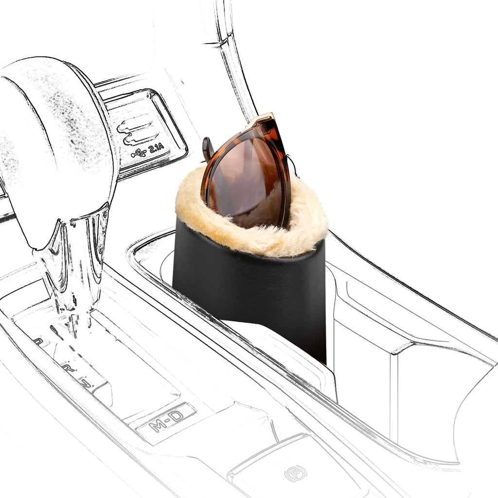 Extra Large Sunglasses Stand Compatible with 3.5 Inch Car Cup Holder, Plush Lined Vegan Leather Eyewear Storage, Scratch Protection (Black)