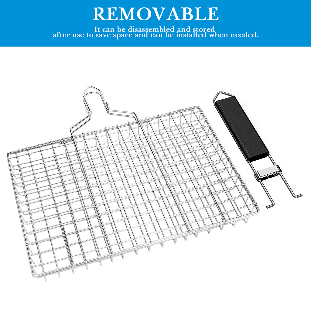 Linkidea Square Portable BBQ Grill Basket, Stainless Steel Fish Barbecue Accessories with Removable Secure Locking Handle, Picnic Grill Rack for Outdoor Cooking Vegetables Fishes Shrimp