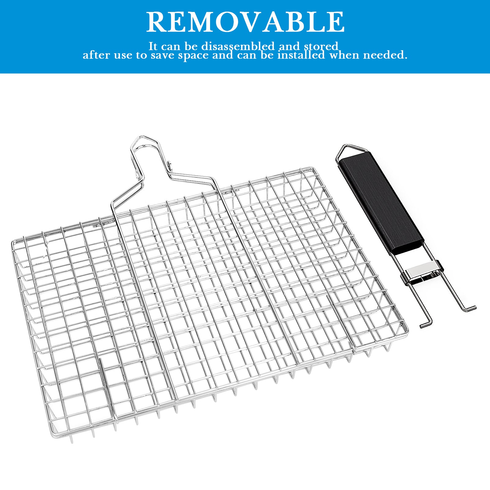 Linkidea Square Portable BBQ Grill Basket, Stainless Steel Fish Barbecue Accessories with Removable Secure Locking Handle, Picnic Grill Rack for Outdoor Cooking Vegetables Fishes Shrimp