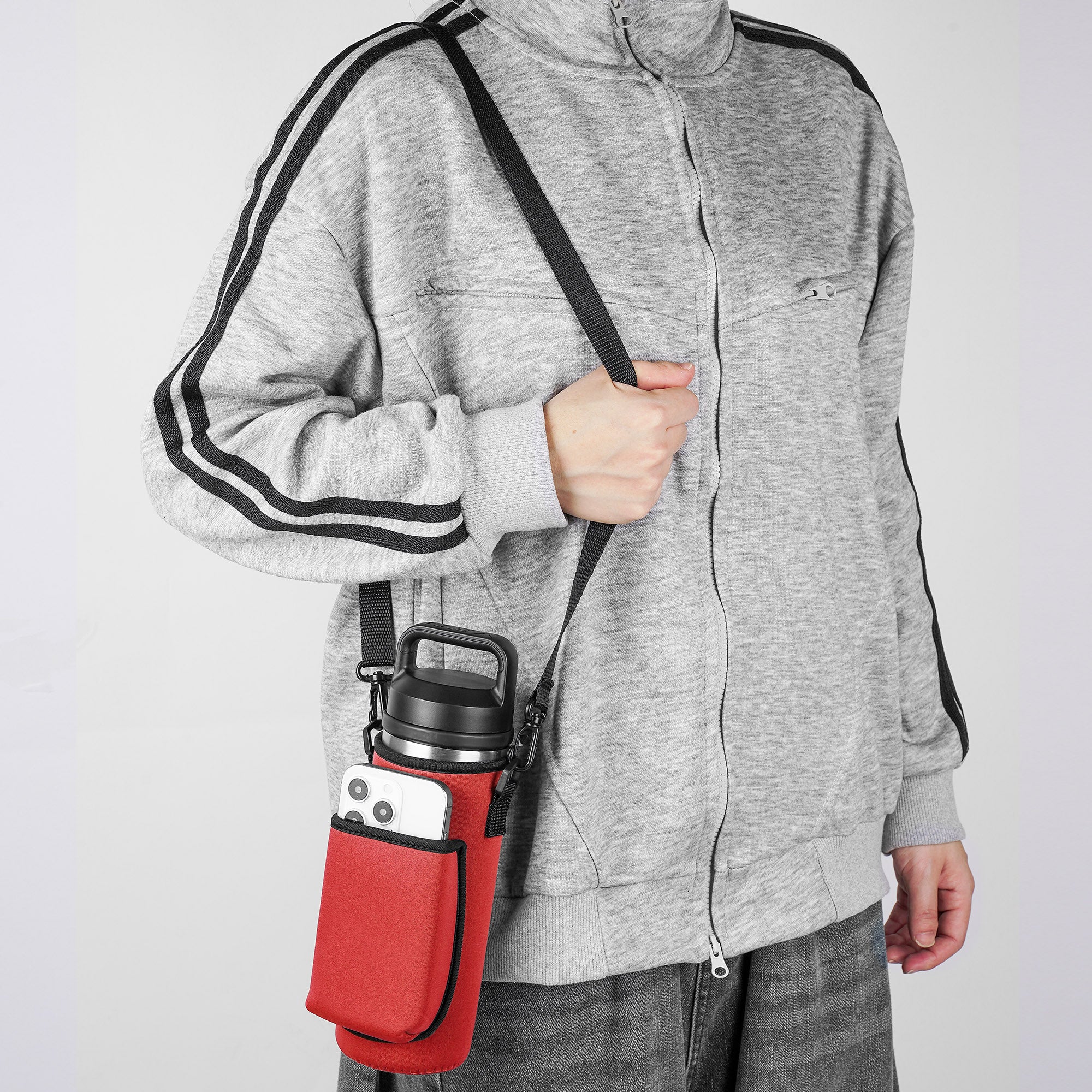 Linkidea Water Bottle Carrier with Strap Compatible with YETI Rambler Bottle 18oz, Yonder Bottle 600ml/20oz, Insulated Waterbottle Sling Bag, Shoulder Strap with Phone Pocket (Red)