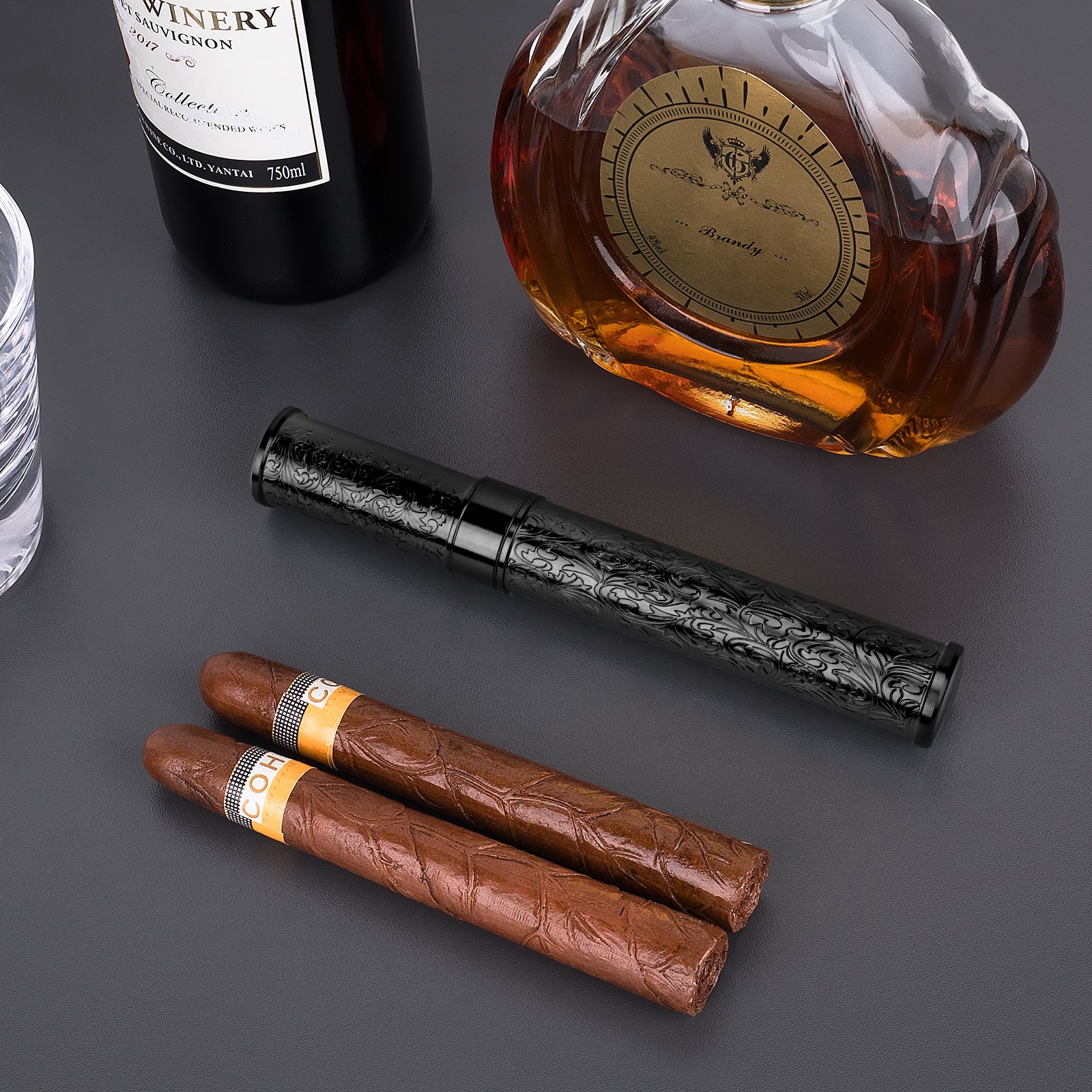Linkidea Zinc Alloy Vintage Stripe Pattern Cigar Holder Case, Men's Airtight Single Tube, Portable Travel Cigar Case Compatible with 50 Ring Gauge Cigars (Black)