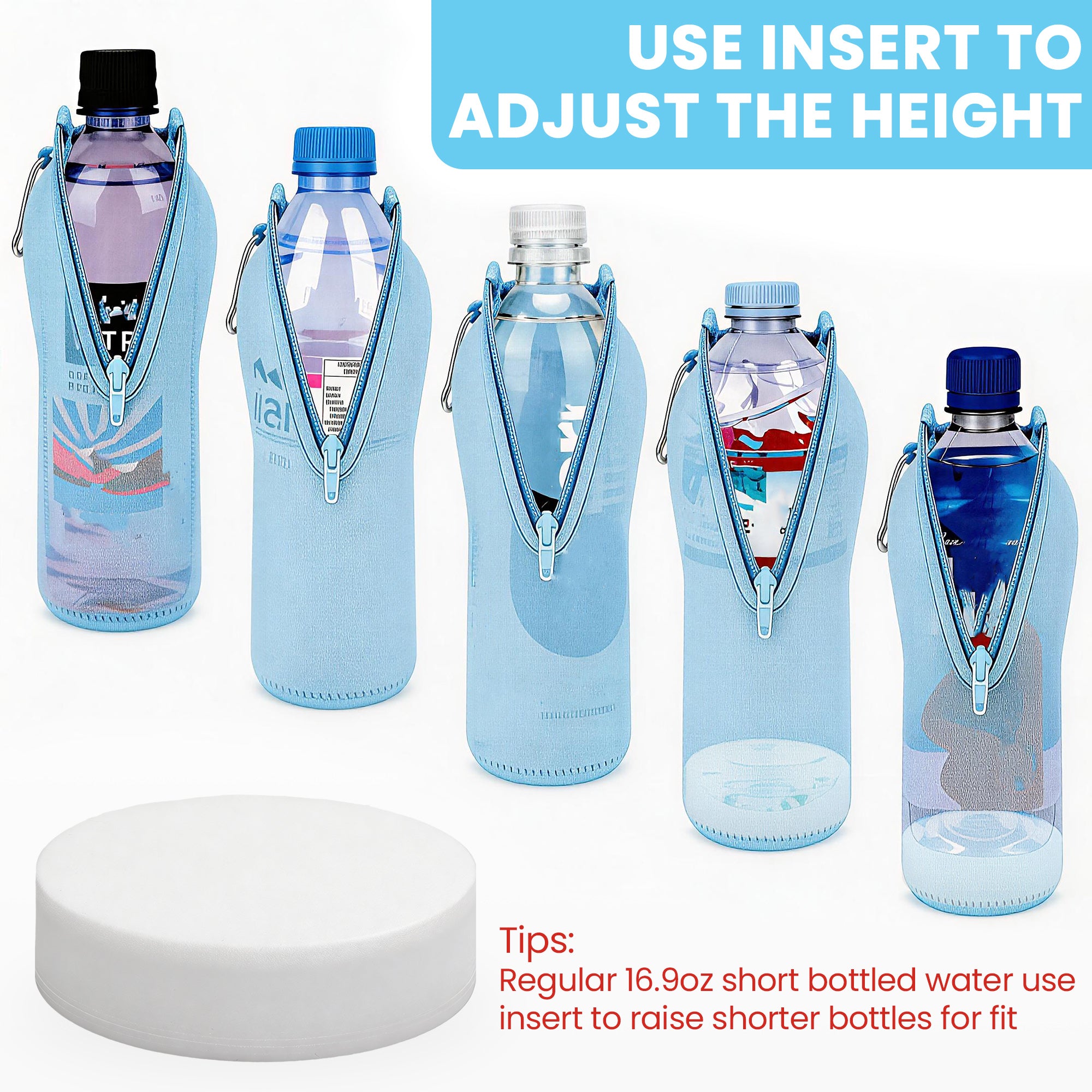 Linkidea 2 Pack Disposable Water Bottle Sleeve Compatible with Smartwater 16.9/20 Fl Oz, Evian 16.9 Fl Oz, Insulated Neoprene Bottled Water Cover Holder with Lockable Zipper, Light Blue