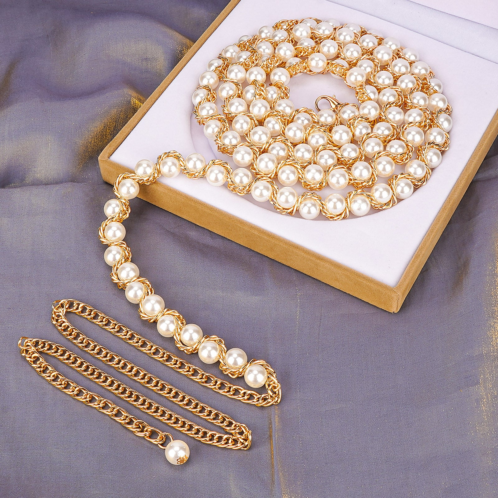 Plus Size Chain Belt for Women, Gold Color and Black Faux Pearl Waist Chains, Extra Long Body Chain, 59-78 Inch Adjustable Chunky Belt Chain (XXXL, White)