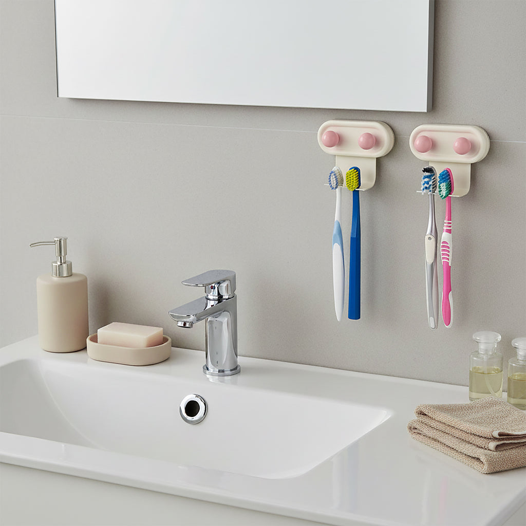 Linkidea 2 Pack Wall Mount Toothbrush Holder for Bathroom, 2 Slots Self Adhesive Iron Brush Hanger Compatible with Oral-B CrossAction, Colgate ExtraClean(Pink Dot)