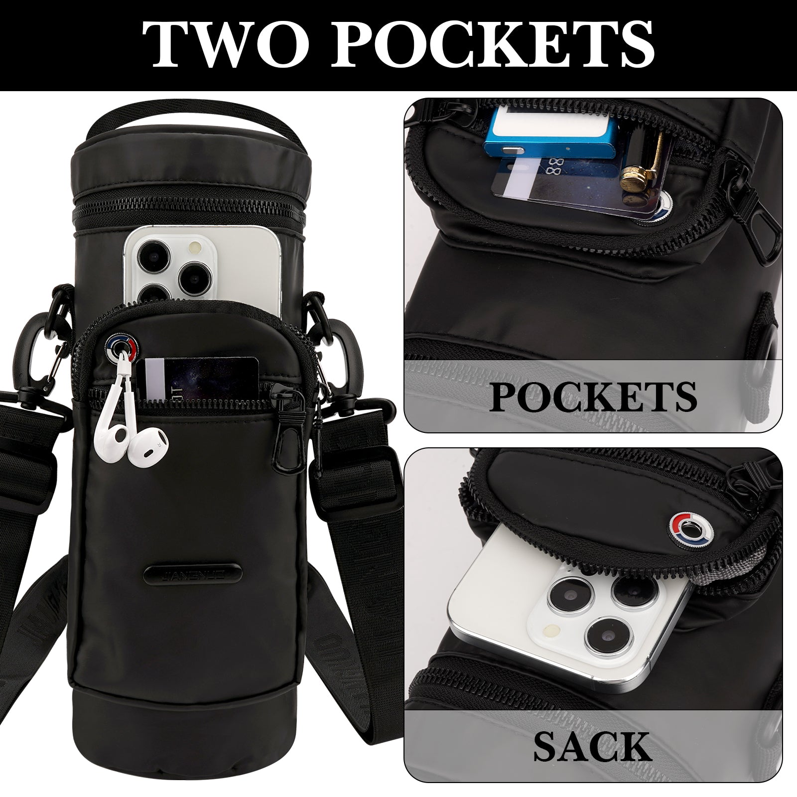Linkidea Water Bottle Carrier with Strap Compatible with Nalgene Sustain Tritan 48oz, CamelBak, Thick Sports Waterbottle Sling Bag Holder, Shoulder Strap with Phone Pocket, Black