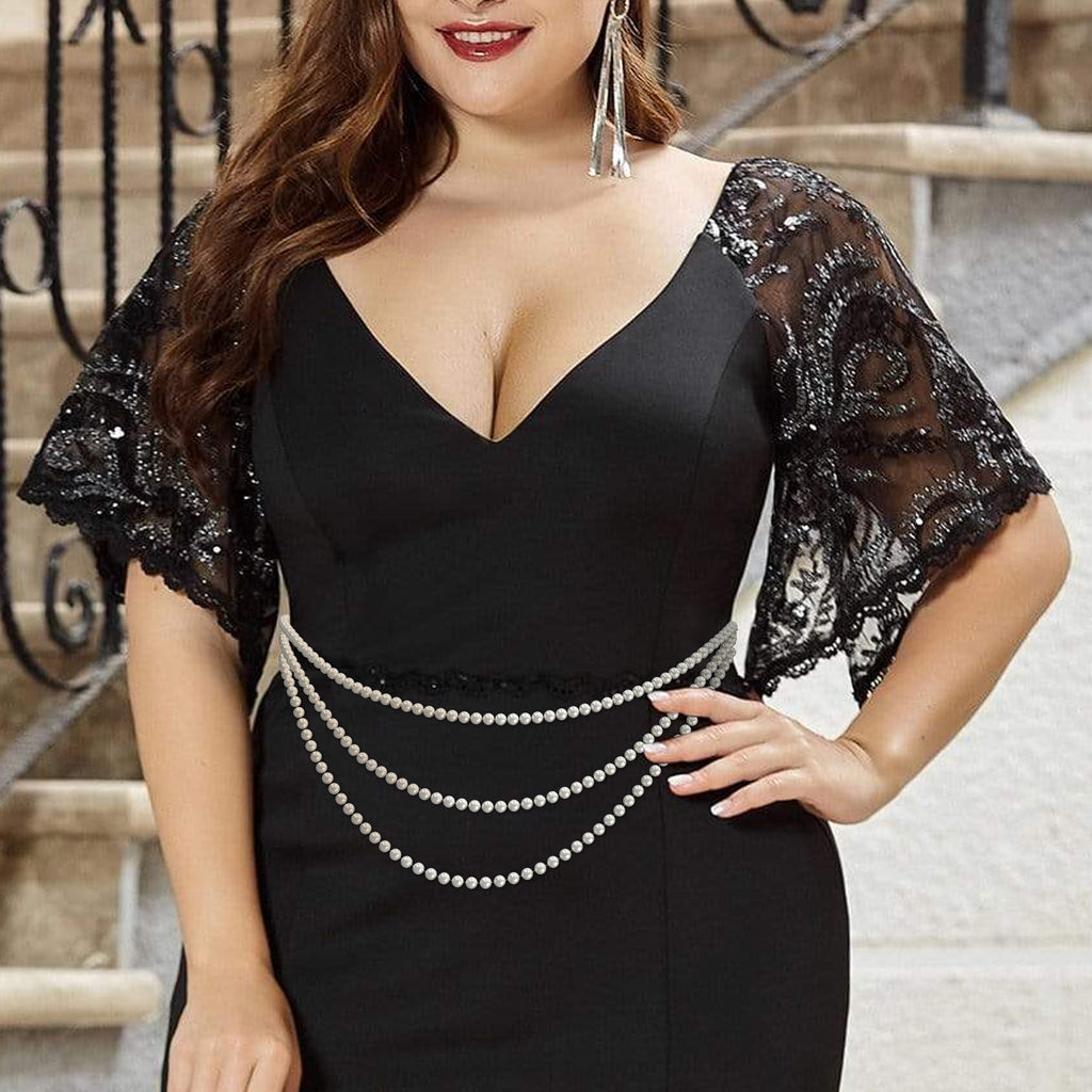 Plus Size Chain Belt for Women, 3 Layers White Pearl Waist Chains, Extra Large Body Chain, 33.4-59 Inch Adjustable Chunky Belt Chain