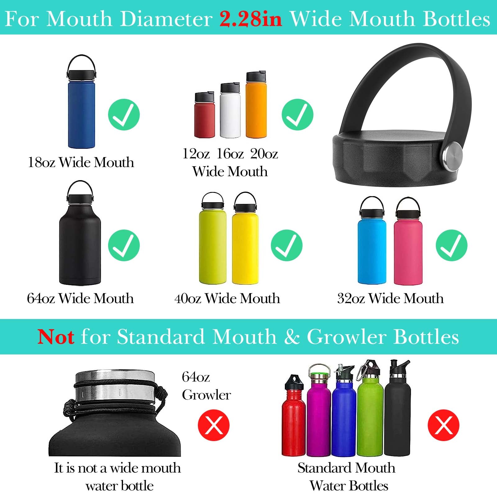 Linkidea Wide Mouth Water Bottle Lid with Handle Compatible with Hydro Flask Wide Mouth 12/16/18/20/32/40/64oz, Waterbottle Replacement Wide Mouth Flex Cap (Black)