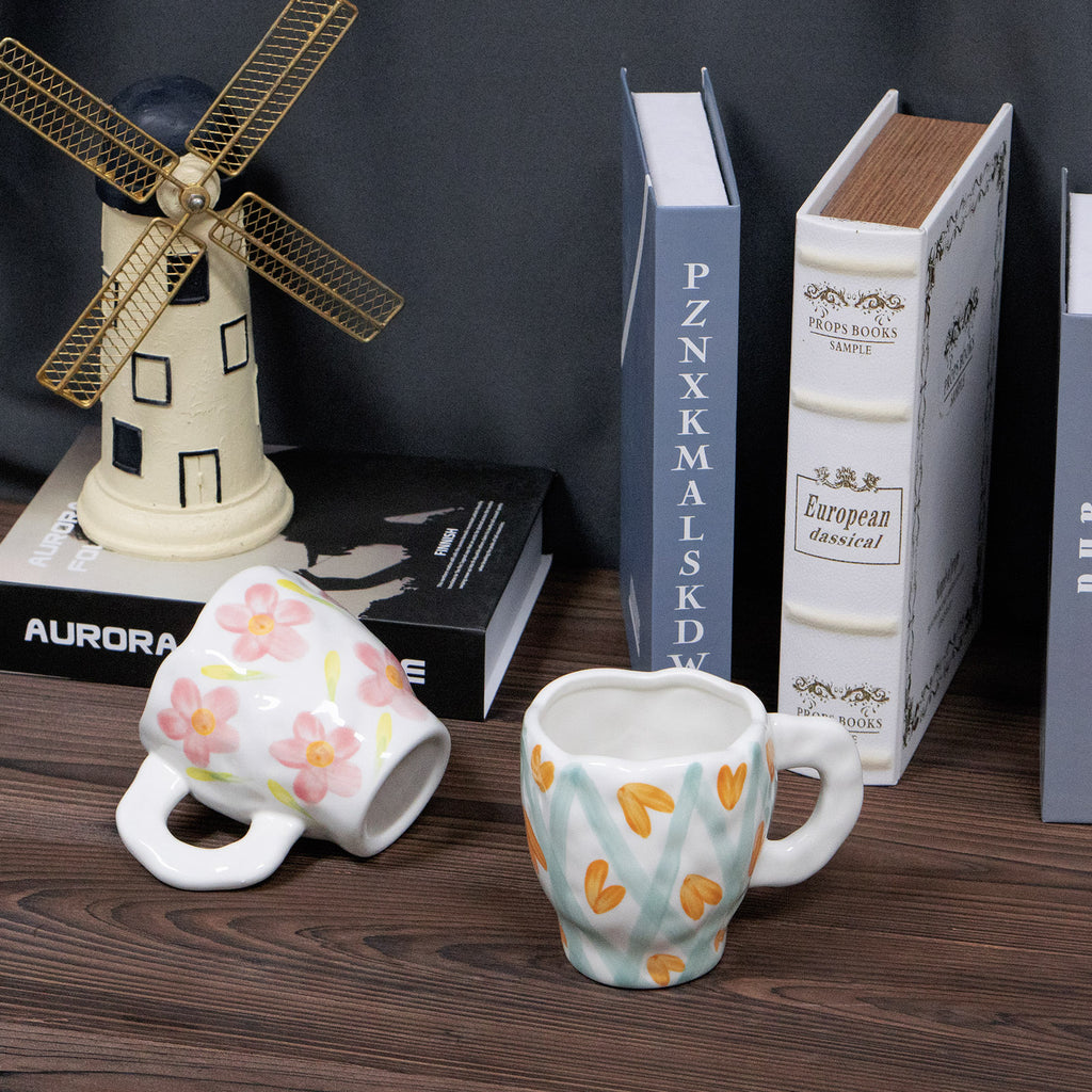 Linkidea Ceramic Coffee Mug, 12oz/350ml Hand-Painted Irregular Coffee Cup, Novelty Teacups with Handles for Beer, Latte, Hot Cocoa, Microwave and Dishwasher Safe (Green Heart Stripes)