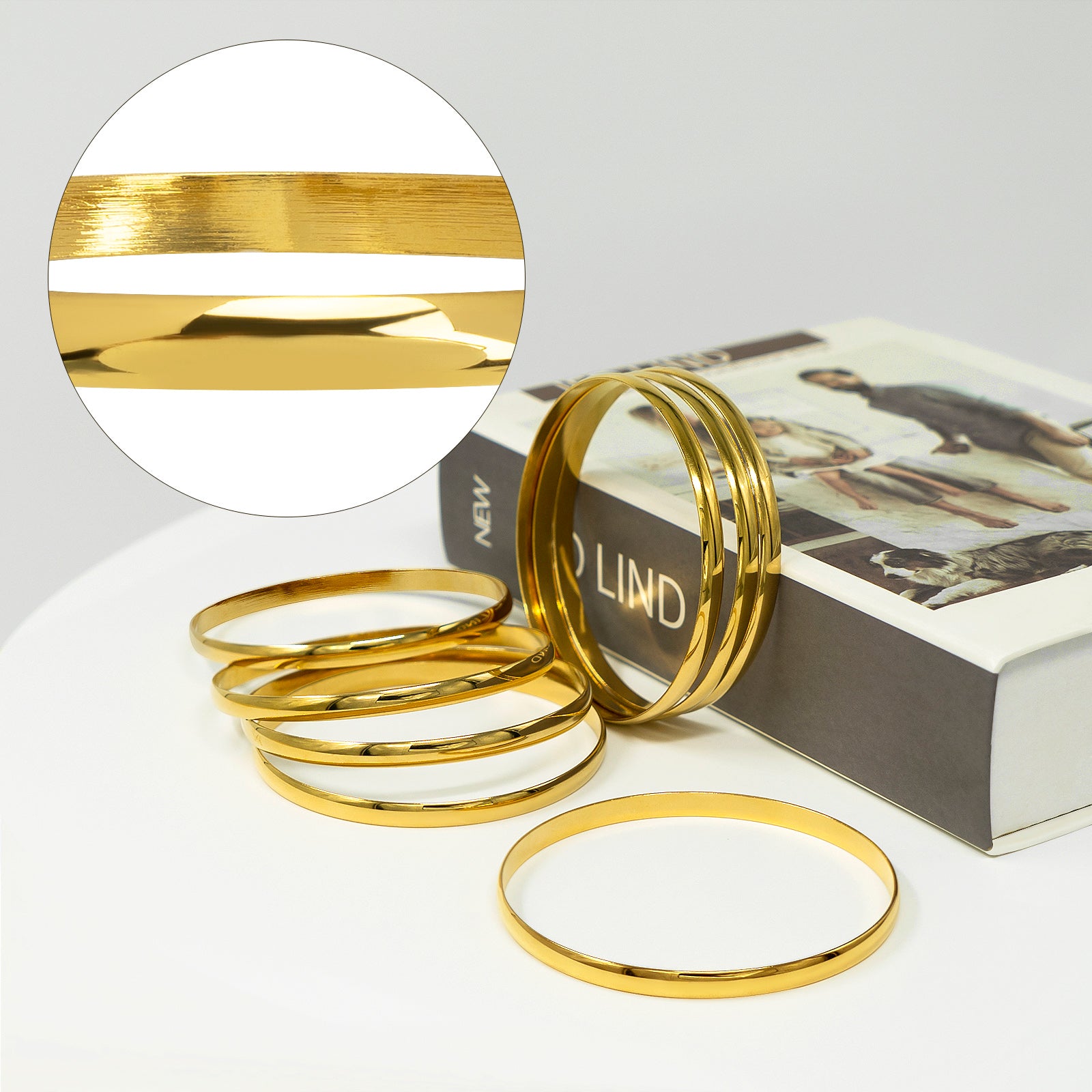 75 mm (2.95") Bangle Set for Women, 6 mm Wide Gold-Tone Stainless Steel Stackable Bracelets - Fits Palm Width up to ~110 mm