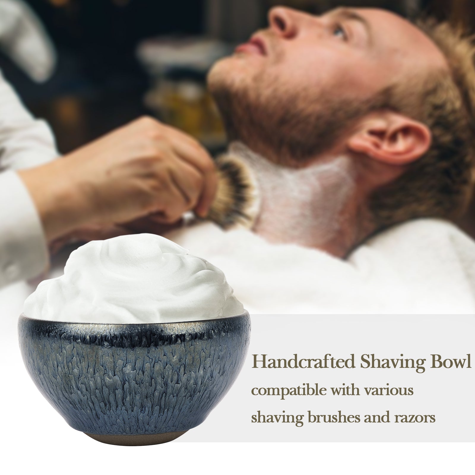 Linkidea Handmade Ceramic Shaving Bowl, Wide Mouth Shave Soap Lather Bowl for Men, Jian Zhan Glaze Wet Shaving Mug (Blue)