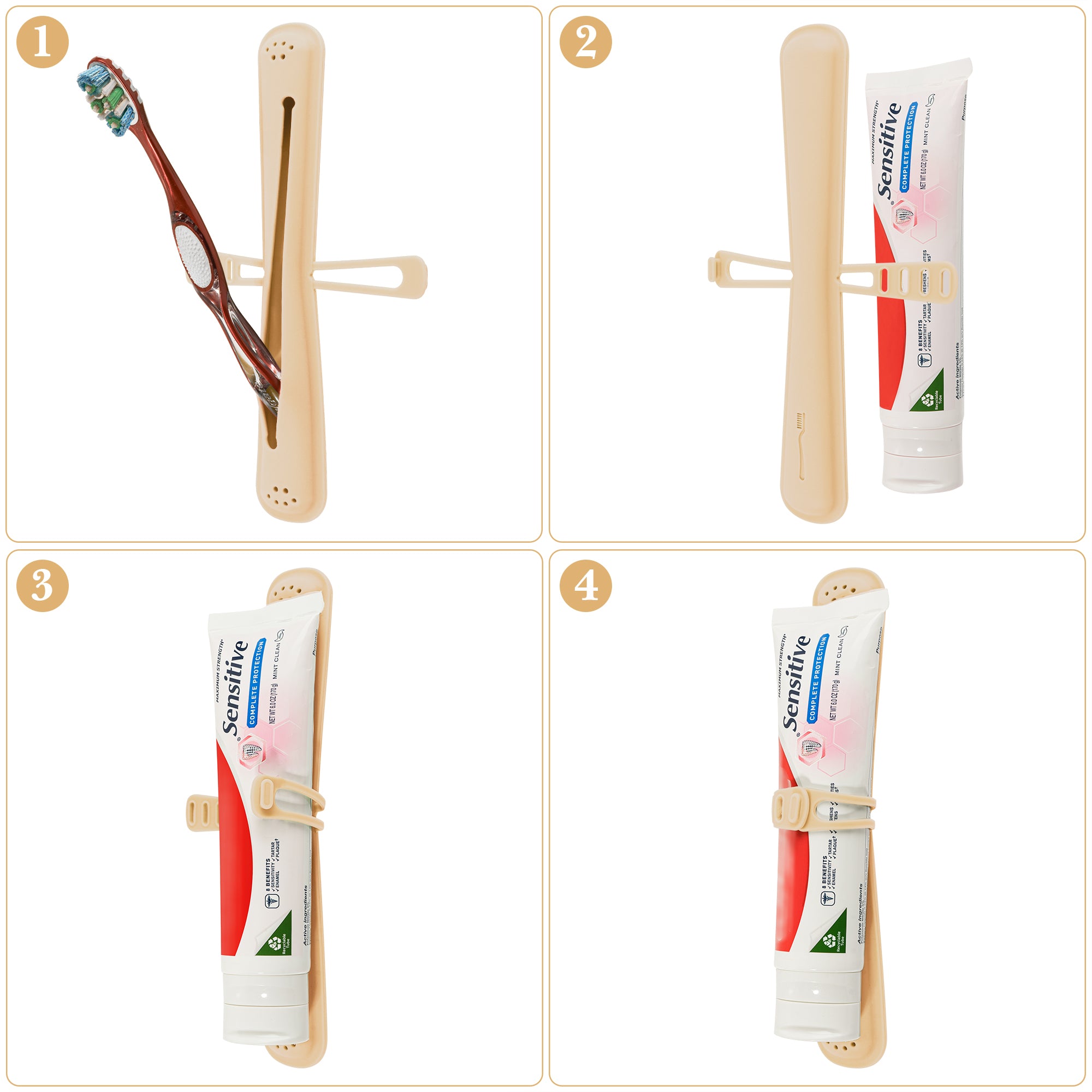 Linkidea Manual Toothbrush Travel Case with Strap for Toothpaste, Silicone Brush Container, Protective Storage Compatible with Oral-B CrossAction, Colgate 360 Optic White Advanced (Beige)