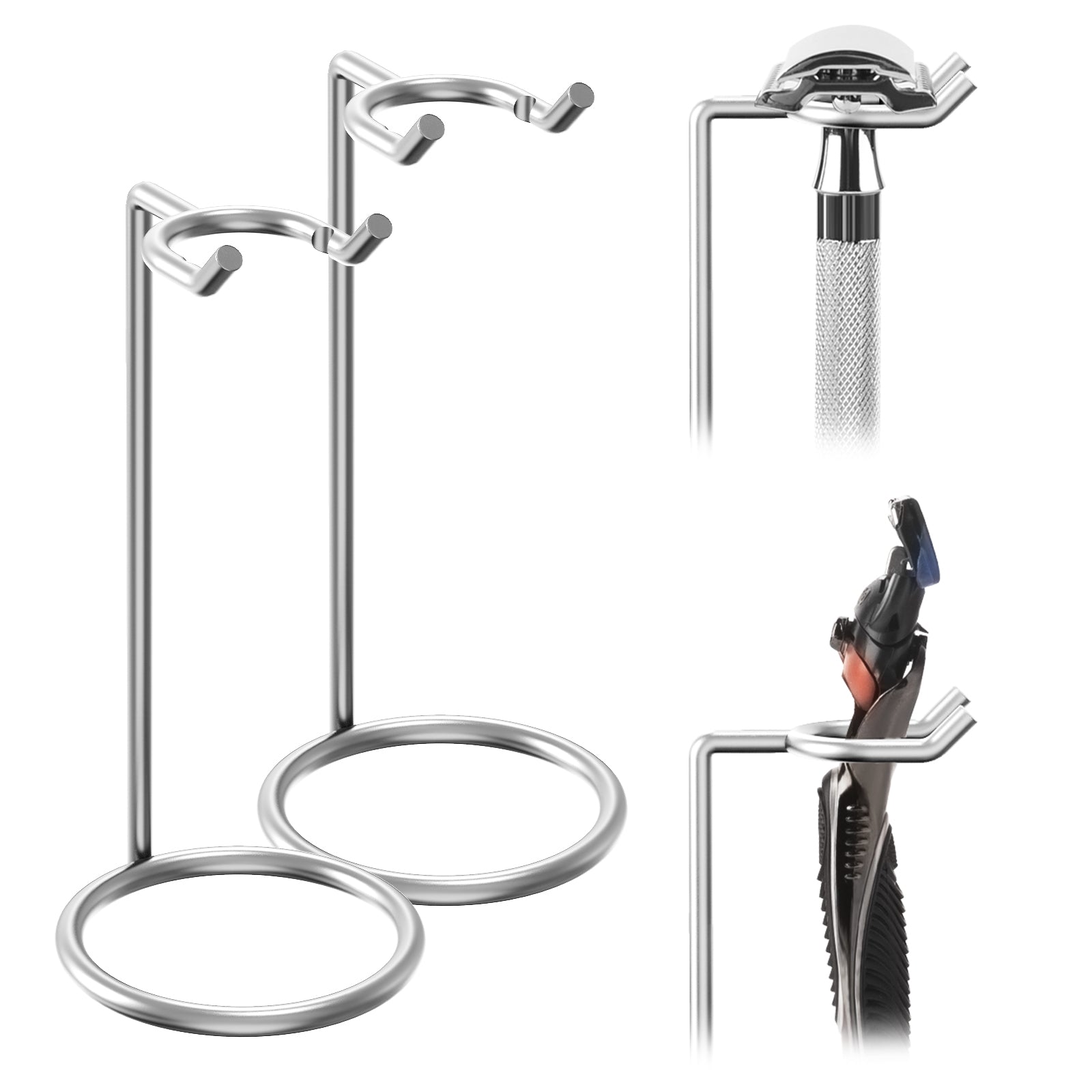 Linkidea 2 Pack Stainless Steel Safety Razor Stand, Travel Shaving Stand, Compatible with Gillette Fusion 5, ProShield, Mach 3 Long Handle Razor (Silver/Polished Chrome)