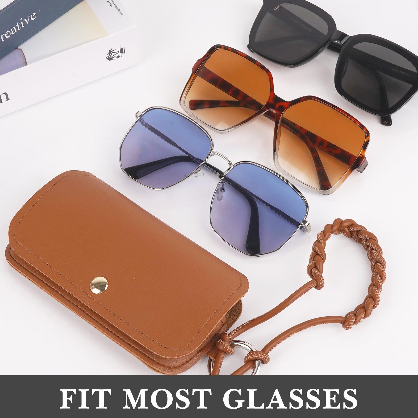 Extra Large Sunglasses Pouch Case with Carrying Strap, Vegan Leather Brown EyeGlasses Organizer Soft Bag Compatible with Rayban RB2132 RB4416 RB2241 RB3548 RB2398F RB4246
