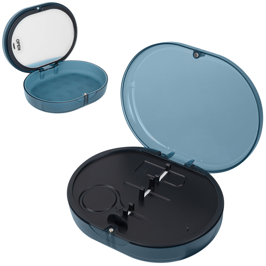 Linkidea Double-layer Storage Case with Mirror for Retainer, Portable Aligner Container Box with Removal Tool, Brush, Child Mouth Guard Denture Holder with Magnetic Closure (Blue)