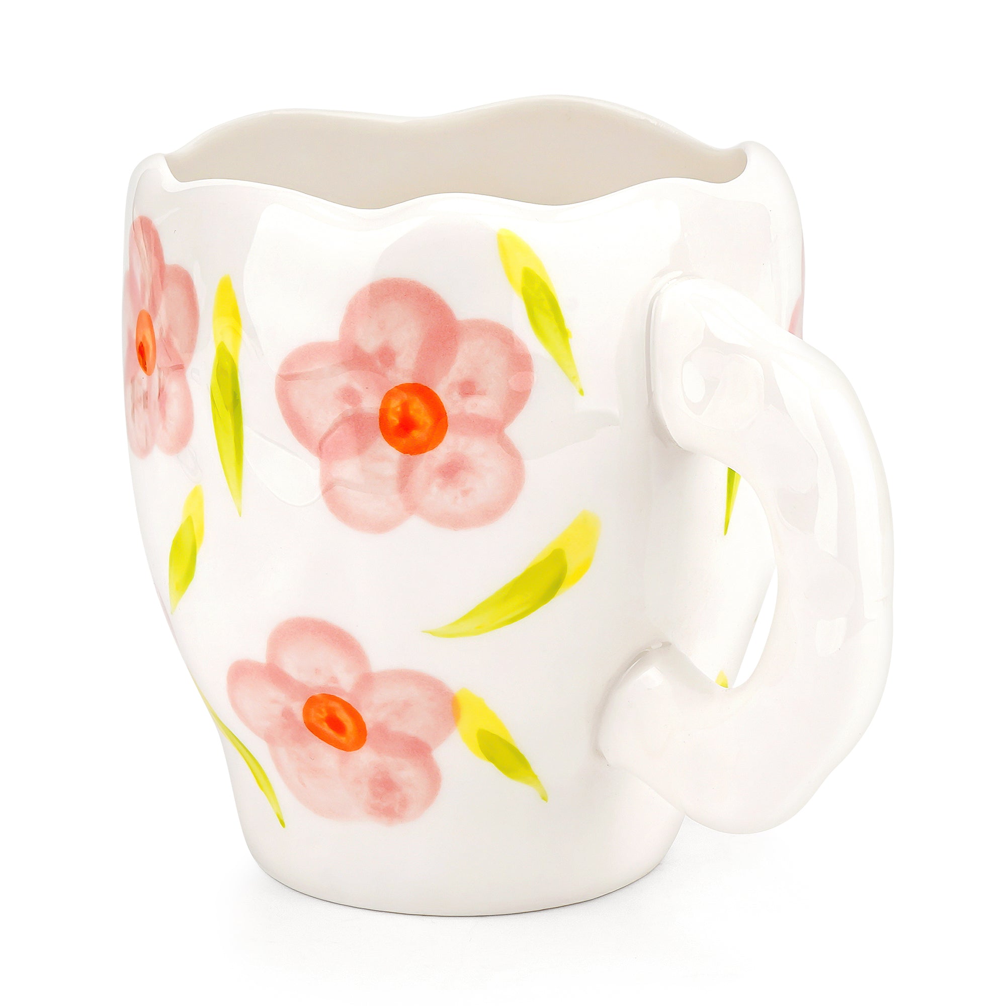 Linkidea Ceramic Coffee Mug, 12oz/350ml Hand-Painted Irregular Coffee Cup, Novelty Teacups with Handles for Beer, Latte, Hot Cocoa, Microwave and Dishwasher Safe (Pink Flower)