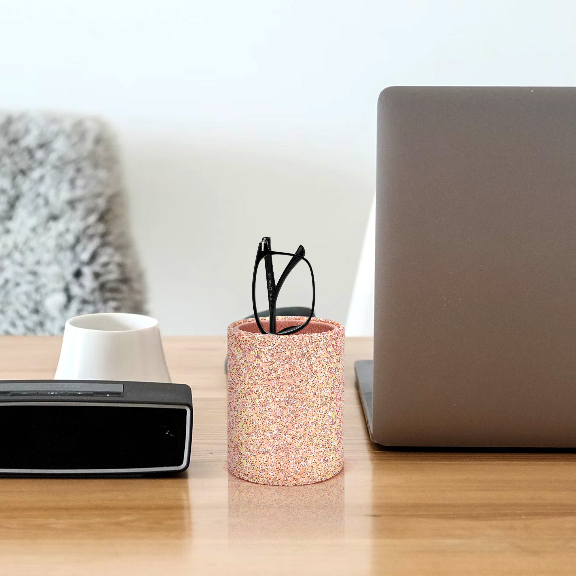 Eyeglasses Desk Holder Stand, Vegan Leather Lined Reading Glasses Holder for Nightstand Office Desk Organizer (Pink)