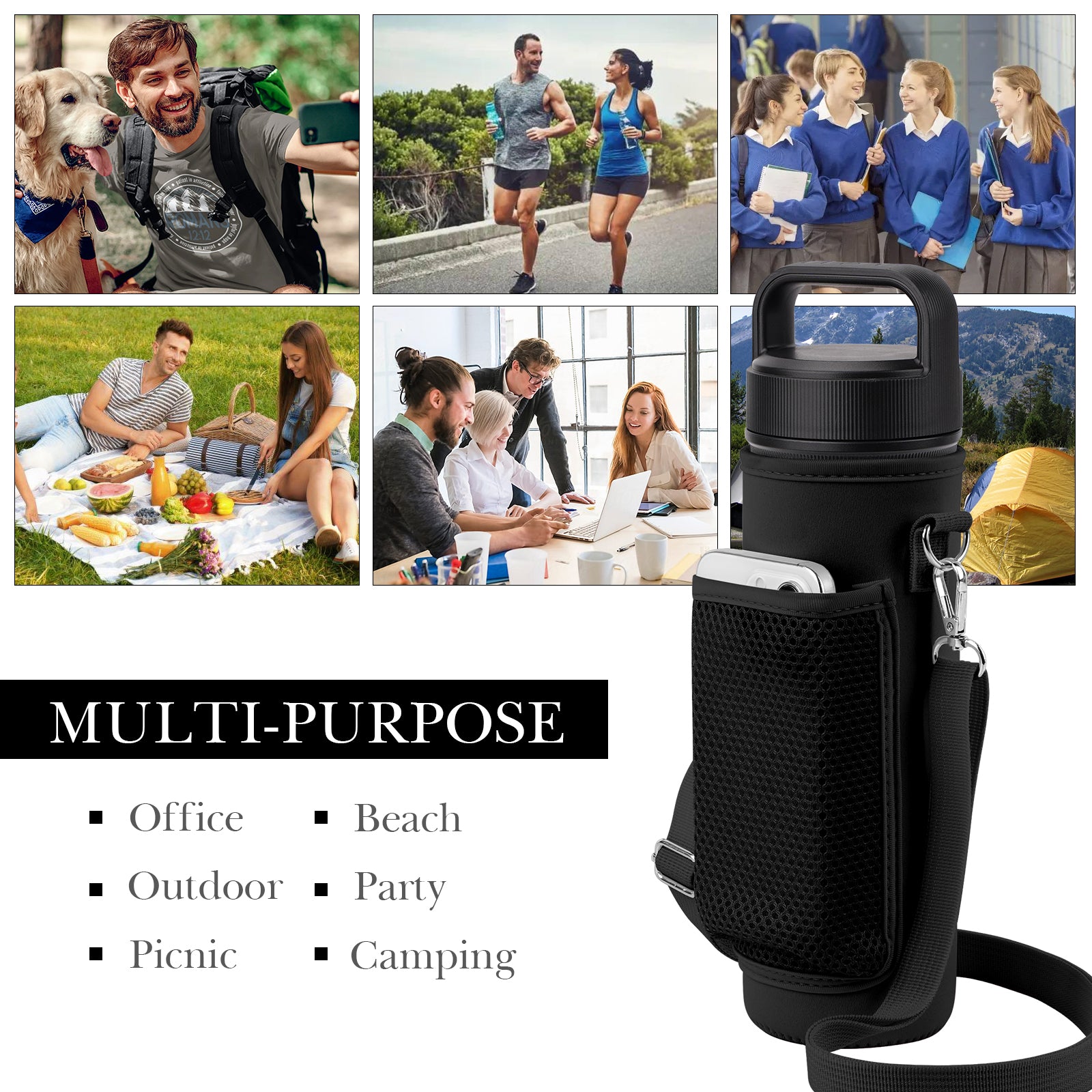 Linkidea Water Bottle Carrier with Shoulder Strap Compatible with YETI Rambler Bottle 26oz, Yonder 25oz, Waterbottle Sling Bag Holder with Mesh Phone Pocket, Black