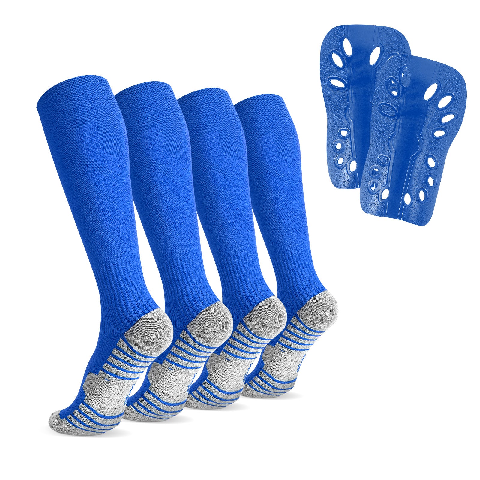 Linkidea Kids Soccer Socks with Shin Guards, 2 Pairs Breathable Knee High Socks with Lightweight Shin Pads, Long Sleeve Cushion Socks for Child 7-9 Years Over the Calf Soccer Socks (Blue, M)
