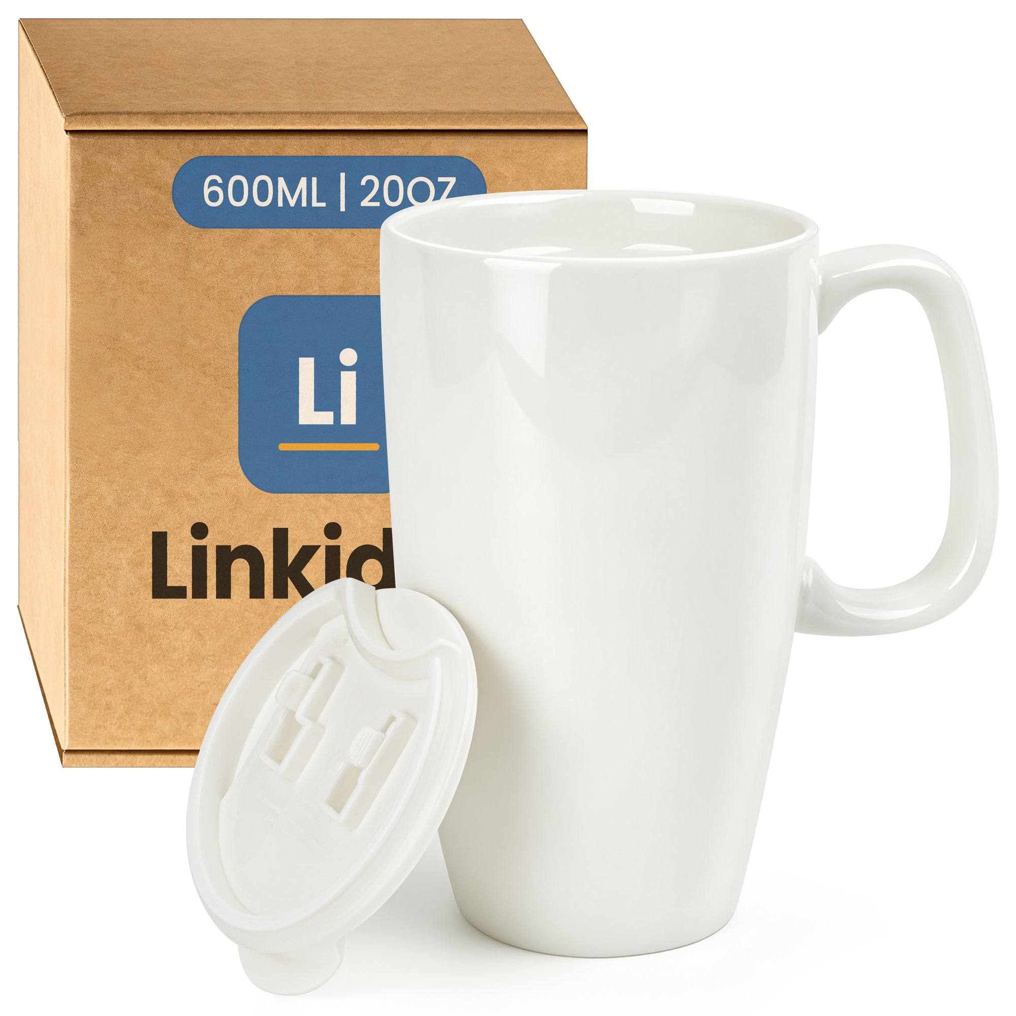 Linkidea 19oz Ceramic Coffee Mug with Slide Lid, Large Mug with Handle, Reusable Drinking Cup, Microwave and Dishwasher Safe